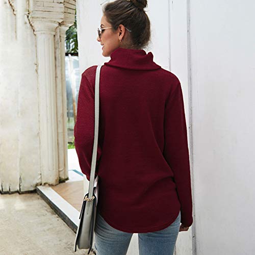 Romacci Suéter feminino de tricô com gola rolê e manga comprida, Vermelho, XL