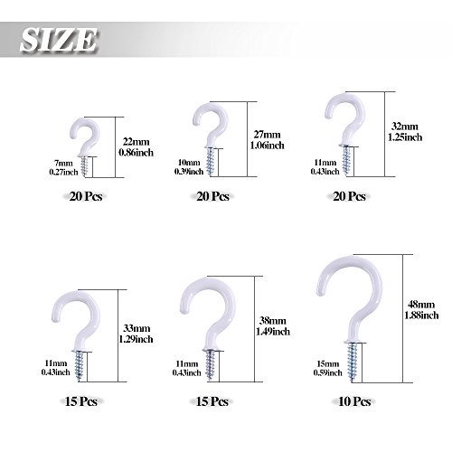 Image of Swpeet 100Pcs White Cup Hooks Assortment Kit, Vinyl Coated Ceiling & Wall Hooks Holder for Home, Office & Workplace - 1 /2 inch, 5 /8 inch,3 /4 inch,7 /8 inch,1'',1-1 /4 inch (White)