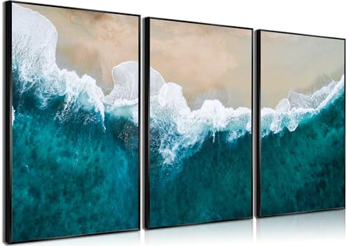 TRUYJXX 3Pcs Coastal Wall Art Pictures Beach Posters Beach Wave Canvas Prints Blue Ocean Beach Painting Modern Home Wall Decor for Living Room Bedroom Bathroom 16x24in Unframed