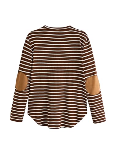 Image of Milumia Women's Elbow Patch Striped High Low Top T-Shirt White and Brown Large
