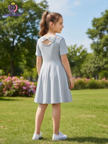 WELAKEN Girls Short Sleeve Skater Dress Twirl Dress for Daily or Special Occasions (5-12 Years)4
