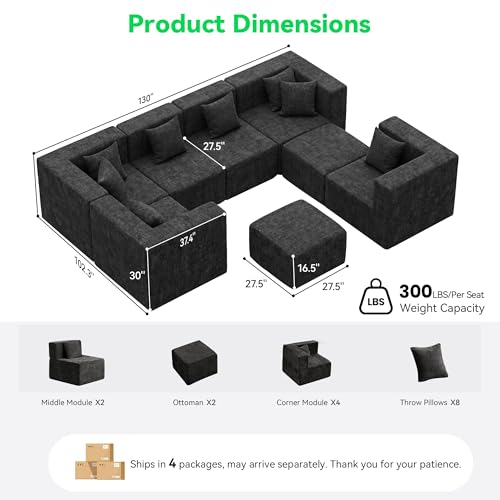 Image of MONVANE Oversized Boneless Sectional Couches for Living Room, 8-Seat Cloud Couch, Modular Sofa with Ottoman & 8 Throw Pillows, Comfy Chenille, No Assembly Required, Black