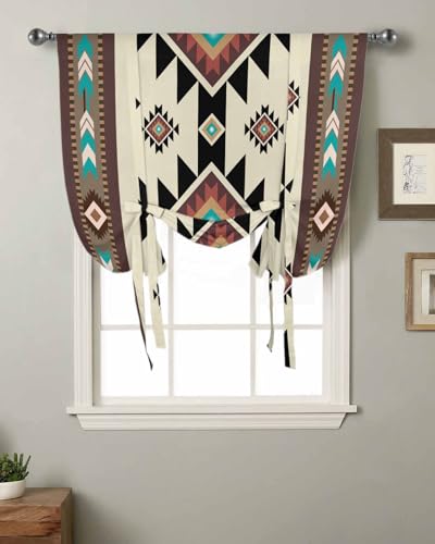 Southwest Geometric Tie Up Curtains for Windows 45 Inch Length Balloon Curtains Kitchen Adjustable Balloon Window Shade Brown Mexican Aztec Boho Tribal Tie Up Valance Bathroom Curtain Window 52