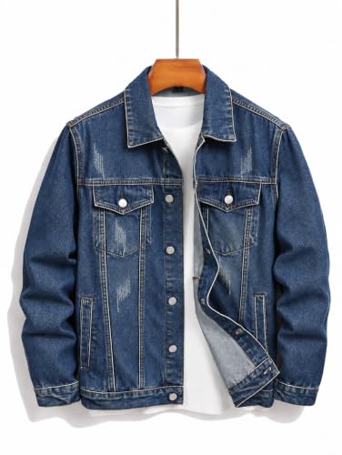 Image of Men's Indigo Blue Denim Jacket | Distressed Trucker Style | Regular Fit Casual Denim Jacket for Men | Premium Quality | Perfect for Casual & Outdoor Wear