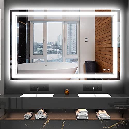 Simcasa 55X36 Bathroom Mirror With Lights, Double Light (Front Light & Backlit) Led Vanity Mirror, Dimmable 3 Colors Lighted Wall Mirror, Anti-Fog, Waterproof, Touch Control (Horizontal / Vertical) #TOP20