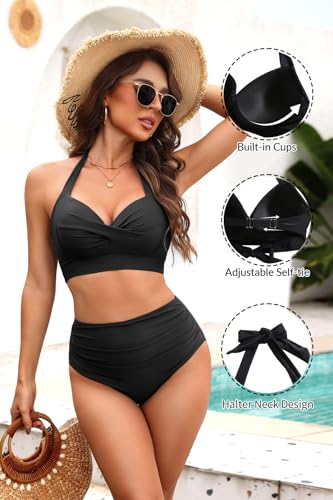 image for Tempt Me Women Black Halter Bikini Tops Push Up Retro Bathing Suits Pa
