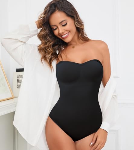 Image of Strapless Shapewear Bodysuit for Women With Built In Bra Seamless Tummy Control Tube Top Body Suit Body Shaper