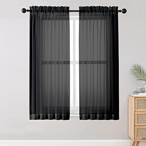 Image of OWENIE Sheer Curtains Living Room 54 inches Long, Rod Pocket Curtain Sheers Bedroom, Light Filtering Voile Panels Drapes Small Window Treatments 2 Panels, 42 inch W x 54 inch L, Black