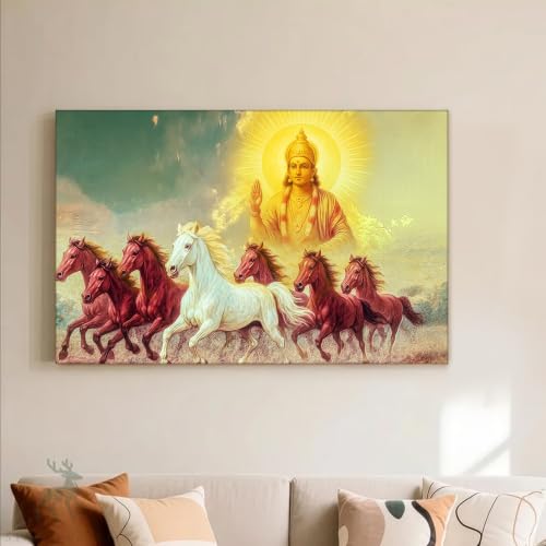 Image of PAINTINGMANRA Shurya Dev 7 Running Horses Canvas Wall Art Painting For Living Room Seven Horse Vastu Feng Shui Canvas Painting Positive Energy Wall Art For Home, Office, 22x34 Inch