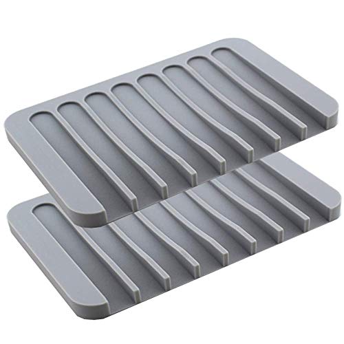 Luckyiren Soap Dish Holder Stand Saver Tray Case for Shower-Silicone Rubber Drainer Dishes for Bar Soap Sponge Scrubber Bathroom Kitchen Sink-Dishwasher Safe-Drains Water,Extends Soap Life,Gray,2 Pack