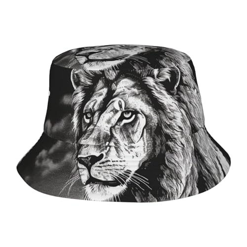Unisex Cute Bucket Hat Summer Travel Fisherman Cap Lion Black and White Illustration Beach Travel Sun Hat Outdoor Cap