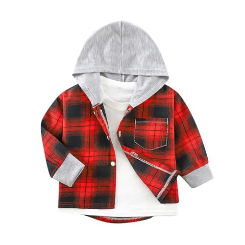 Boys Girls Flannel Plaid Hoodies Button Down Hooded Shirt Jacket Long Sleeve Fall Coats Tops with Pocket 2-13 Years