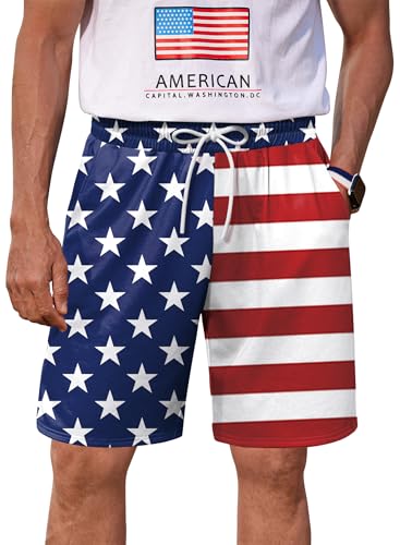 Arvilhill Men American Flag Shorts Patriotic Stars Stripes SweatShorts with Elastic Waistband (S-3XL)