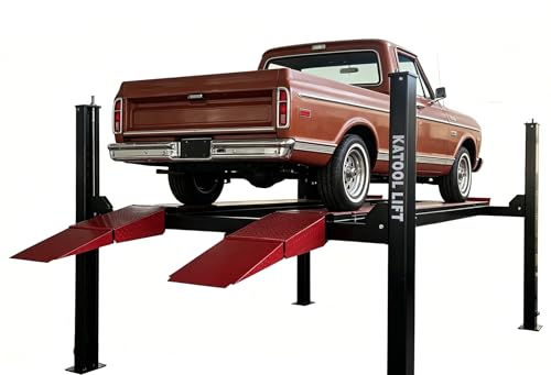 KATOOL KT-4M110PA 11,000 Lbs 110V (220V Optional) 4 Post Lift Alignment Commercial with 7000Lbs Rolling Jack Heavy Duty Four Post Car Lift，84.5 Lift Height Pneumatic Unlocking Fit for Repair Shop
