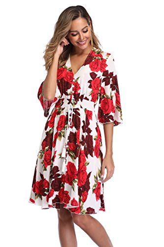 Image of VintageClothing Women's Floral Sundresses Flowy Boho Summer Beach Dress | Lightweight Breathable material,Elegant V Neck and Button Front Design,Flared Bell Sleeve Cut,Mini Casual dress