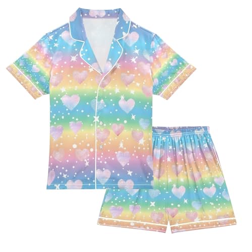 senya Rainbow Flashing Heart Satin Summer Pajama Sets Silk Short Sleeve Button Down Sleepwear