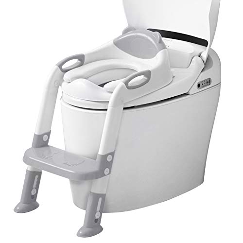Victostar Potty Training Seat with Step Stool Ladder, Foldable Potty Training Toilet for Kids Boys Girls Toddlers-Comfortable Cushion Safe Handle Anti-Slip Pads (Gray)