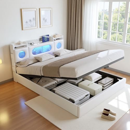 KeepGoon Cama de Matrimonio de 160 x 200 cm, de Poliuretano, con cabecero abatible, Tira de luz LED e interfaces USB y Type C con somier de láminas y función de Almacenamiento