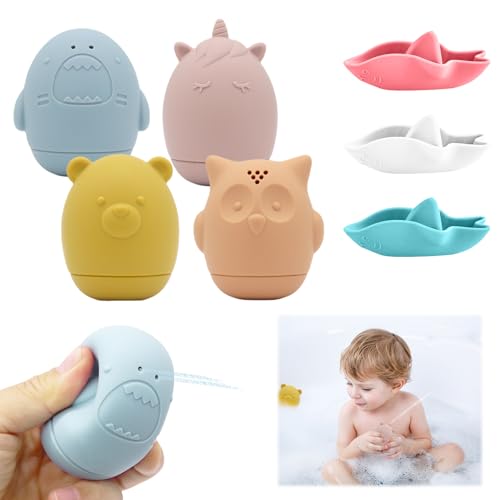 Jouet Bain Bébé, 7 pcs Jouets de Bain en Silicone avec Ouverture, Jouets à Presser Sensoriels avec Bateaux Empilables, Jouet Bain pour Le Bain Piscine La Plage Bebe Enfant