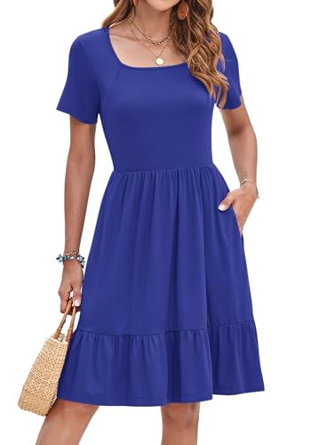 Image of AUSELILY Womens Summer Dresses 2025 Casual Short Sleeve Dress Square Neck A-Line Ruffle Sundress with Pockets