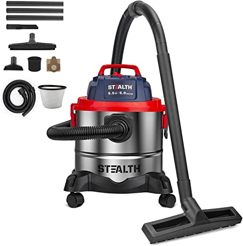 Stealth Wet/Dry Vacuum 5 Gallon, 5.5 Peak HP Stainless Steel Shop Vacuum with Blower for Home, Garage, Car, Workshop,ECV05S1