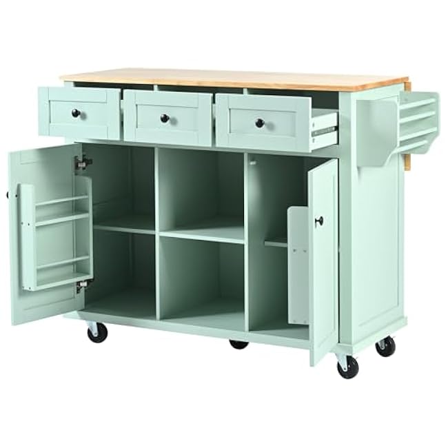 Kitchen Cart with Drop-Leaf, Internal Storage Racks, on 5 Wheels, Mint Green-edJVyrqs
