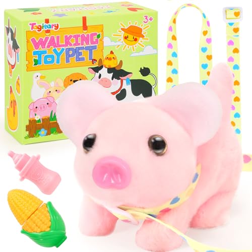 Tagitary Plush Toys Pig for Kids with Sounds,Interactive Electronic Pig Toys That Can Walk,Twitch Nose,Wag Tail,Stuffed Toys for Kid with Leash,Easter Christmas...