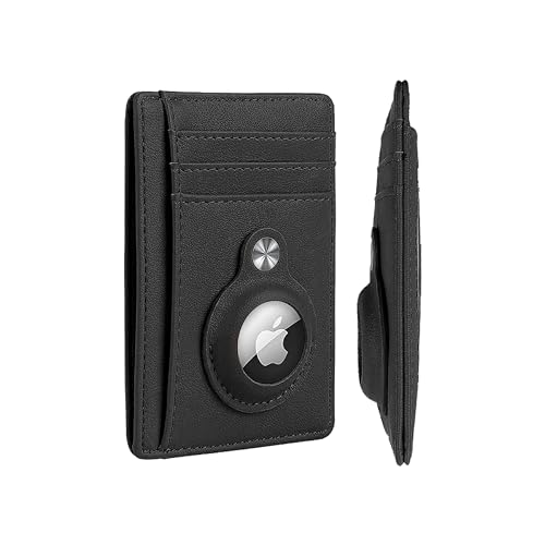 Leather AirTag Wallet Genuine Leather Air Slim Minimalist Wallet for Men and Women for Apple AirTag (Black)