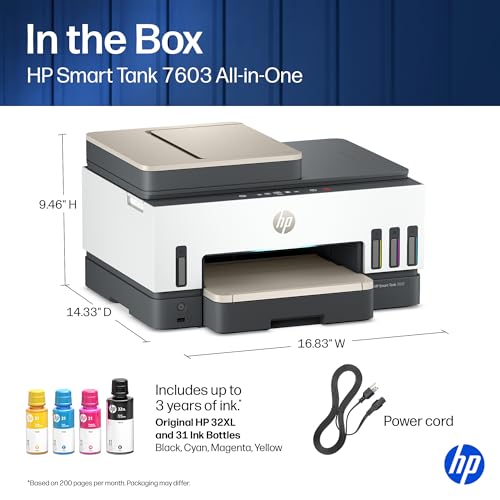 Image of HP Smart Tank 7603 Wireless All-in-One Ink Tank Printer, Scanner, Fax, Copier with up to 3 Years of Ink Included, Best-for-Home Office, Cartridge-Free Refillable, AI-Capable (9B5D1A)