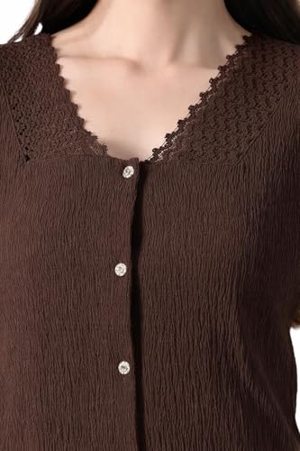 Image of Women V Neck Top with Button Front Puff Sleeves Crochet Lace Trim | Breathable Casual Blouse Shirt for Women | Summer Crop Top for Girls | Daily use Office College