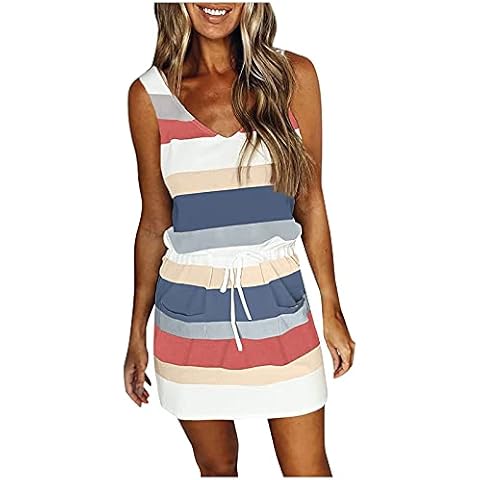 YUNIAO Summer Casual Dresses for Women Sleeveless V Neck Stripe Spaghetti Dress Swing Sling Strap Dress with Belt, Blue, XX-Large Cover