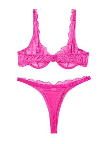 Image of Lilosy Sexy Floral Lace Scallop Underwire Push Up Sheer Lingerie Set Outfits