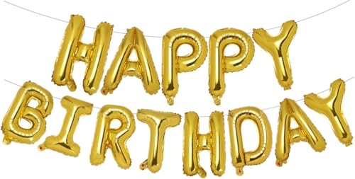 Gold Happy Birthday Balloons 16 Inch Foil Letter Banner & Party Bunting Reusable Birthday Decorations and Supplies