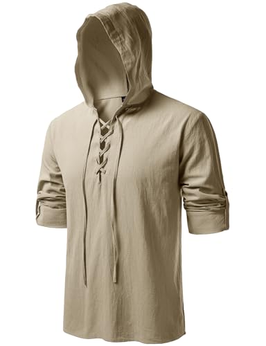 JEMITOP Mens Retro Style Renaissance Costume Roll Up Long Sleeve Lace Up Hooded Shirts for Pirate Viking Medieval Halloween Cosplay Clothing Khaki L