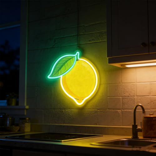 Image of Lemon LED Sign,Cute Lemon Neon Sign Decorations,Fruit Light up Signs Hanging Wall Art Lamp for kitchen Bar Club Party Fruit Shop Restaurant Bedroom,5V USB Powered,Dimmable Design