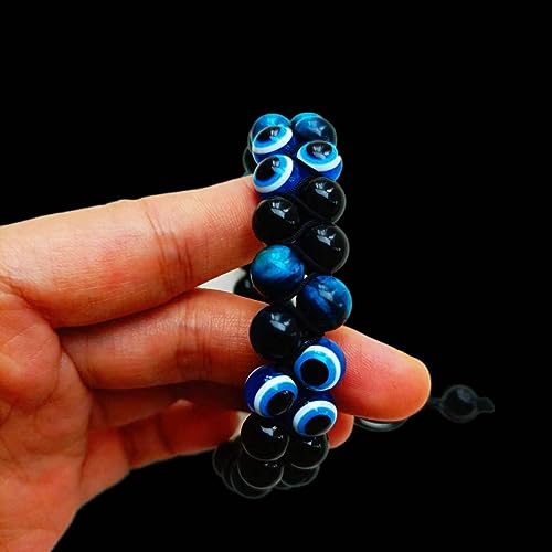 Image of Evil Eye Bracelet for Men Women - Triple Protection Bracelet - Tiger Eye and Black Obsidian Chakra Energy Healing Bracelet - 8mm Beads Good Luck Prosperity and Happiness Crystal Jewelry Stone