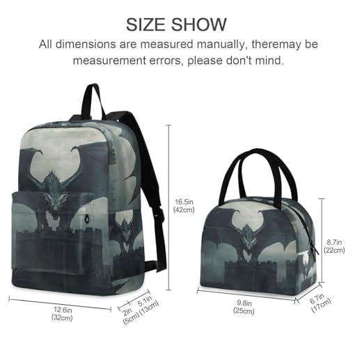 Backpack Lunch Bag Set Big Dragon Print, Big Storage Travel Backpacks with Insulated Lunch Box for Office Hiking Picnic2
