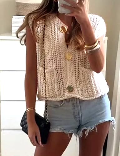 Womens Casual Chunky Knit Vest Gold Button Down Crop Crochet Sleeveless Sweater Vest3