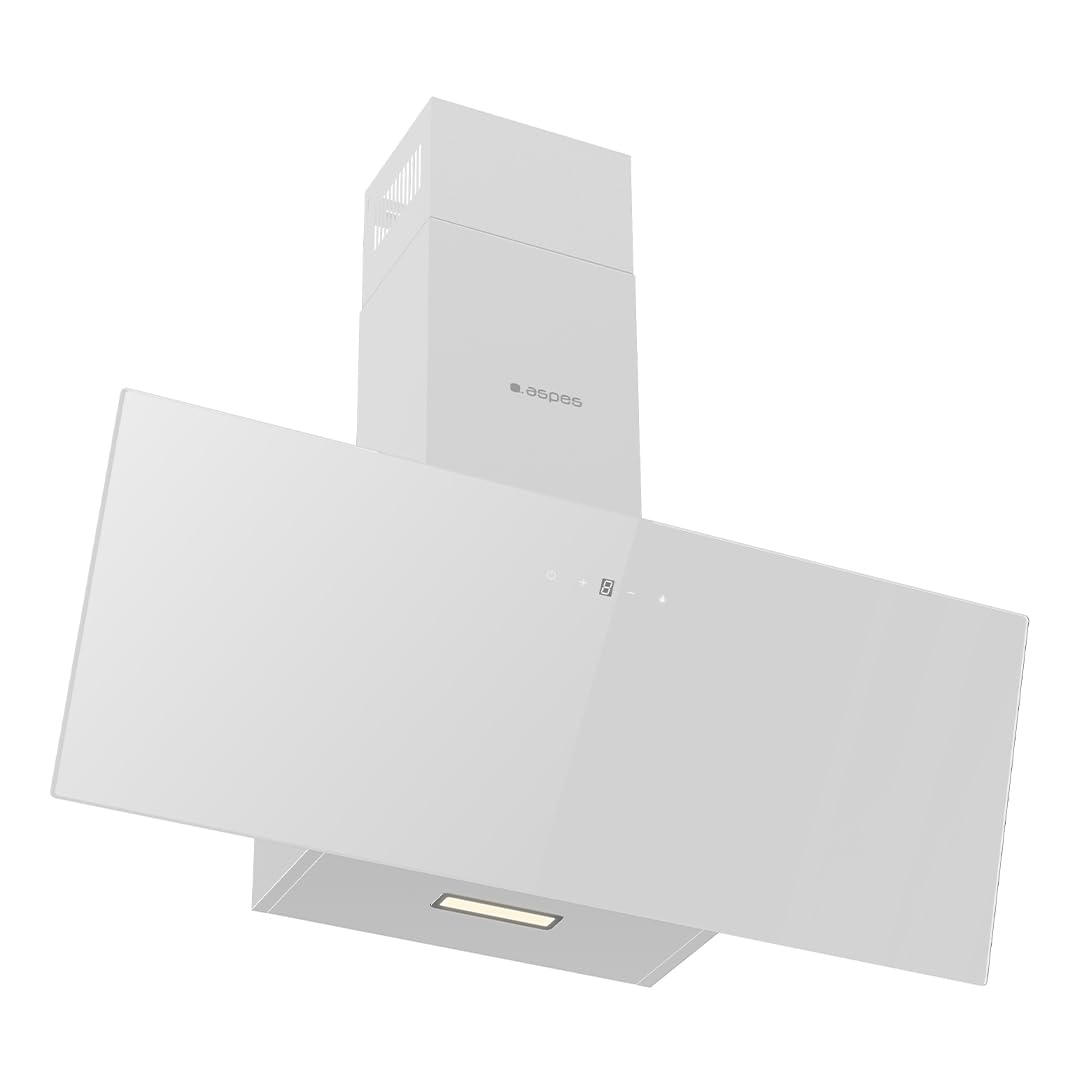 Aspes Cappa aspirante decorativa inclinata 90 cm, vetro bianco, ACPD901AIN. Potenza 370 m3/h, 3 velocità, 2 filtri, 59 dB, livello sonoro, controllo touch, lavabile in lavastoviglie