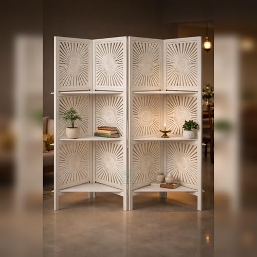 Image of Wooden Room Divider 6 Feet, 4-Panel Folding Wooden Partition for Living Room, Office, Pooja Room, Restaurant, Kitchen & Balcony (2W x 1.82H Meters). (White Shelves)