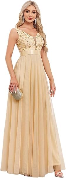Women's Formal Dresses Long Tulle Evening Gowns A Line Sleeveless Sparkly Sequin Party Guest Homecoming Dress Gold M