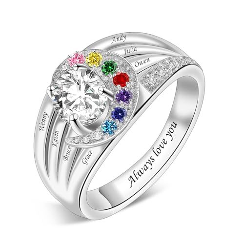 MissNaNa Birthstones Rings for Mothers Personalized Simulated Birthstones & Family Names Rings Promise Rings Sterling Silver Ring for Her Women Mom Mothers Grandma