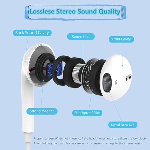 Image of Wired Original Earphone with Microphone - Stereo in-Ear in Ear Headphones Compatible with iPhones7 /8 /X /XS /XR /11 /12 /13 /14 Pro - Noise-Isolating, Stereo Sound, White BY Thunder Eagle