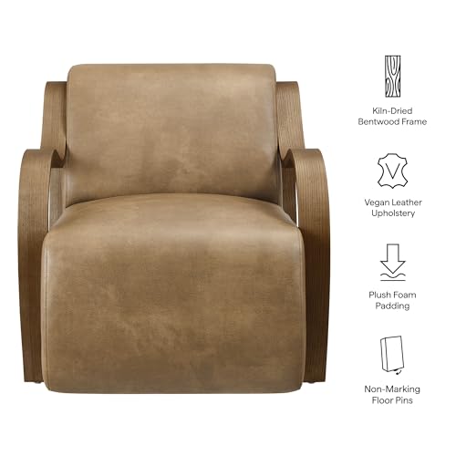 Sillón lounge de cuero vegano tostado con brazos de madera miniatura 4
