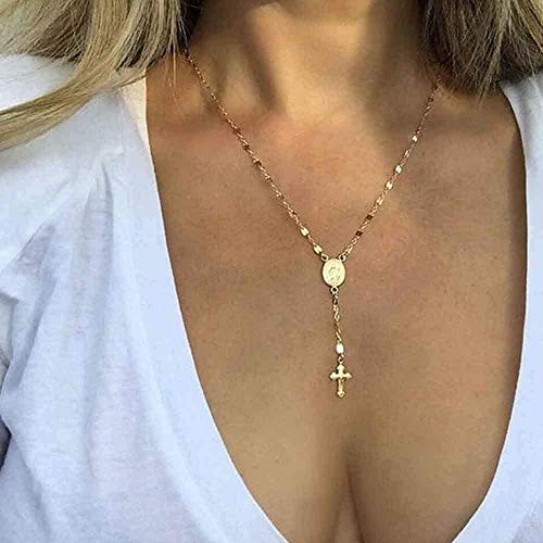 NC56 Boho Cross Y-Necklace Virgin Mary Pendant Necklace for Women and Girls (Gold)