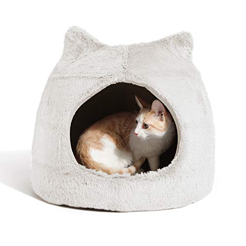 Best Friends by Sheri Meow Hut in Fur Cover Dome Hut Medium Dog and Cat Bed in Ivory