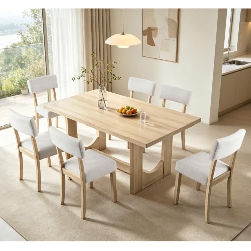 Image of KEIKI 7-Piece Standard Height Dining Table Set with Rectangular Table, 6 Upholstered Curved Backrset Chair, for 6 Person, Modern Style Table Set, Easy Assembly, for Kitchen, Dining Room, Light Oak