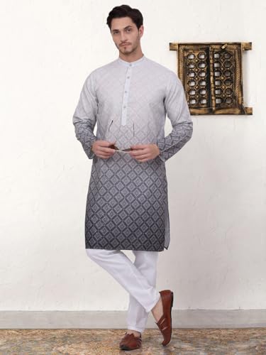 Image of Jompers Thread Work & Sequin Embellished Printed Kurta Set for Men Cotton Blend