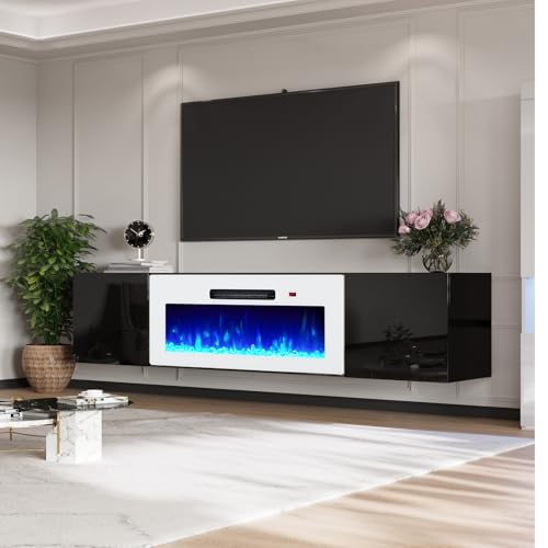 Image of AMERLIFE Floating Fireplace TV Stand, Wall Mounted Mirrored Entertainment Center with 40 inch Electric Fireplace, Modern LED Lights Media Console for TVs Up to 90 inch, Black /White