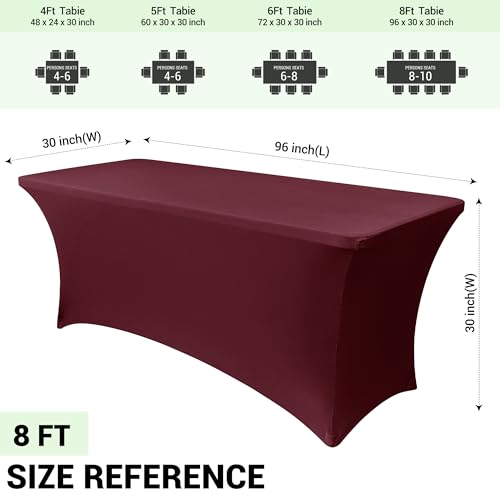 Image of Obstal 8Ft Stretch Spandex Table Cover for Standard Folding Tables - 2 Pack Universal Rectangular Fitted Tablecloth for Party, Banquet, Events, Trade Show (Wine Red, 96L x 30W x 30H Inches)